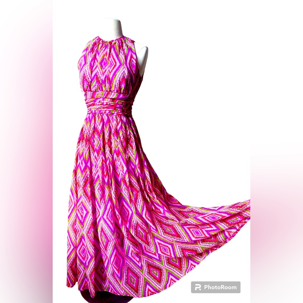 Vintage Malcolm Starr/Elinor Simmons Pink 60s 70s Maxi Halter Dress Sheer Silk